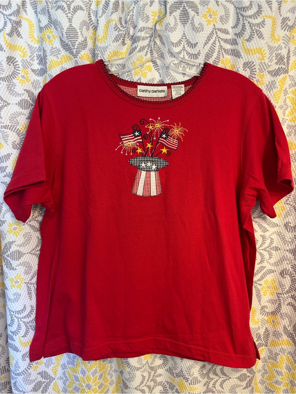Cathy Daniels Bright Red Short Sleeve Tee with Patriotic Embroidery